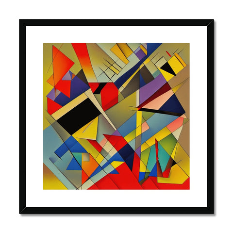 An art print of a geometric painting hanging on a wooden wall.