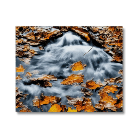 Art print with an image of a stream with wide green water flowing between two rocks.