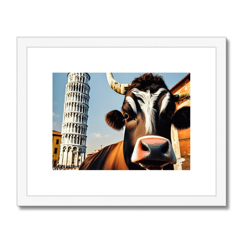 A cow is standing under a large portrait of an Italian city with buildings and trees.