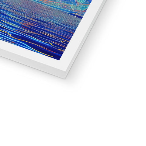 A blue art print of a view of an ocean on a water surface.