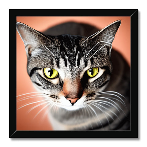 A striped cat in a white photo on a photo frame with a large cat portrait