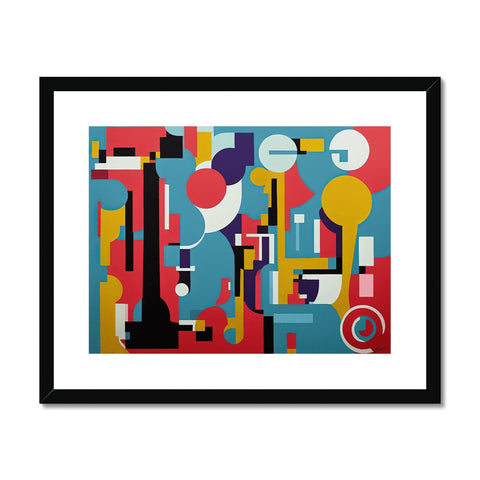 A framed poster with artwork that is covered with lots of different shapes of colors.