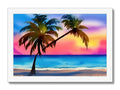 Art print at the beach by beach on a white background with tropical trees.