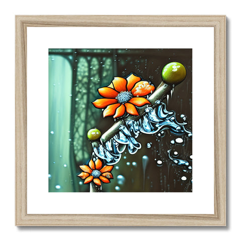 An art print depicting water sprays in a picture placed on a wooden frame.