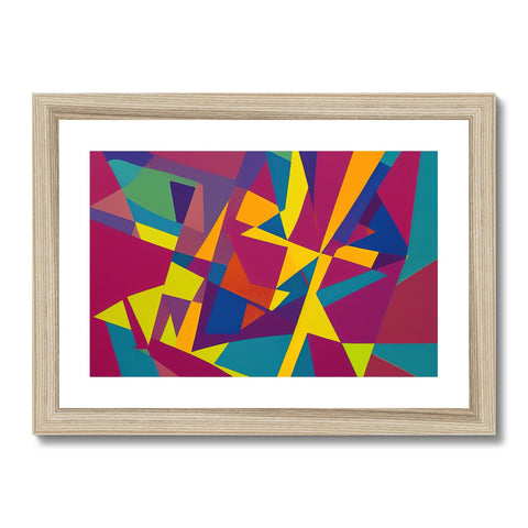 A framed art print with a very colorful pattern a piece of wood, hanging on a