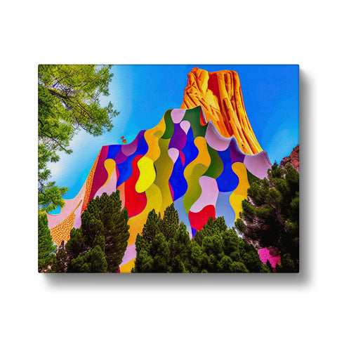 A colorful colored wall hanging with a mountain mountain in scenery.
