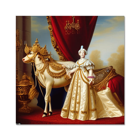 A beautiful woman riding a white horse in front of a royal carpet.