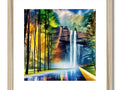 A framed art print of a waterfall view of a lake with small waves flowing through a