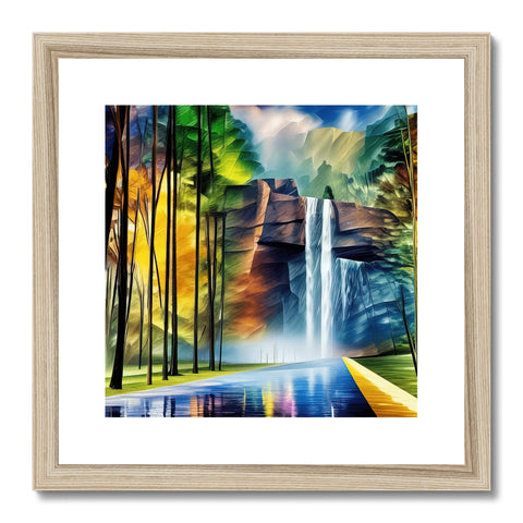 A framed art print of a waterfall view of a lake with small waves flowing through a