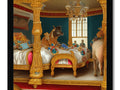 Multiple mirrors are above a bed with a carrousel stuffed in the corner.