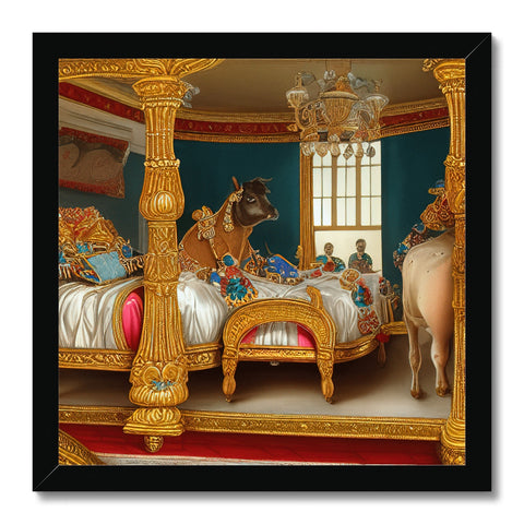 Multiple mirrors are above a bed with a carrousel stuffed in the corner.