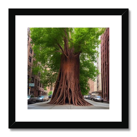 A tree with a large brown leafy tree shaped wooden trunk sitting next to a big