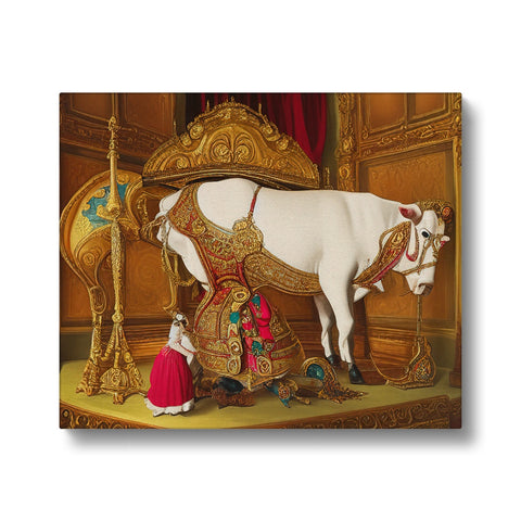 There is a picture of a cow with an ornate plaque on his head.