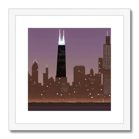 An art print that depicts a skyscraper on a cloudy day.