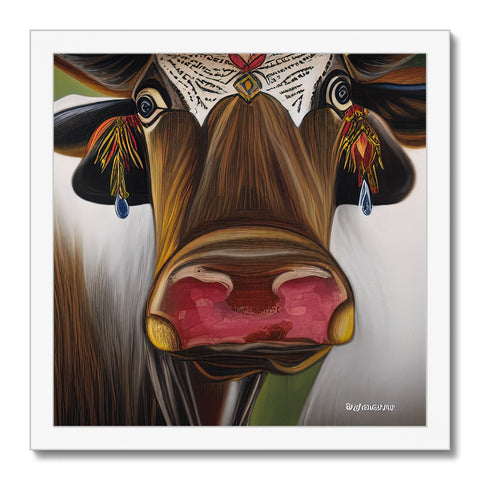 A cow with a horn hanging off her forehead with a big eye.