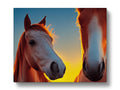 A picture of two horses next to each other standing and grazing and looking up at the