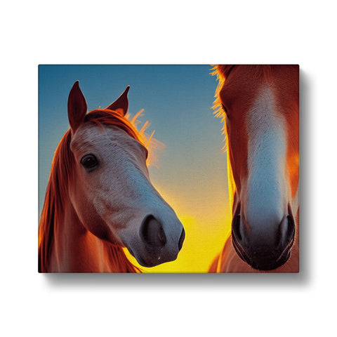 A picture of two horses next to each other standing and grazing and looking up at the