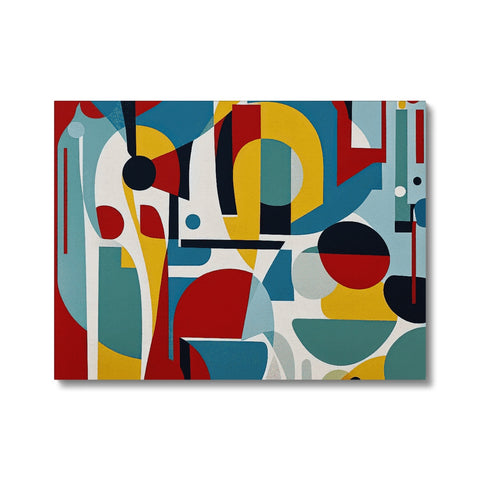 An abstract print is hanging on a hook to a wall with candles or a bottle on