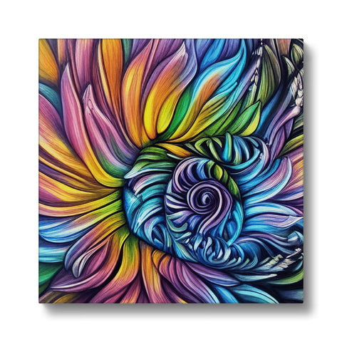 A colorful wall art print that has large flowers and the leaves on top.