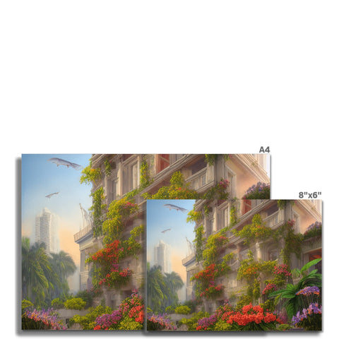 Art print view of an outdoor world scene of trees, buildings and clouds.