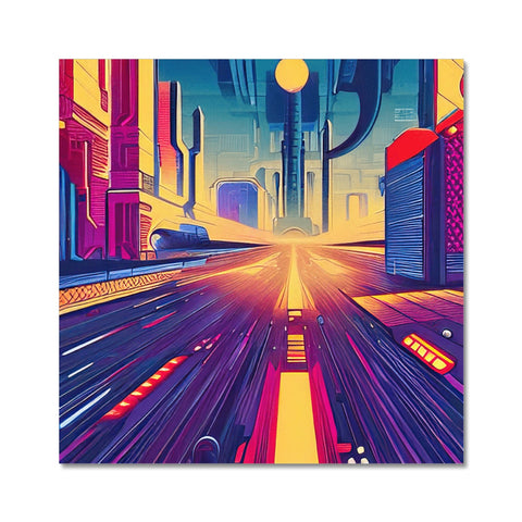 Outrun posters on a red brick road next to cars and trucks.