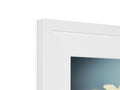 A picture frame in a wall contains a close up of an imac.