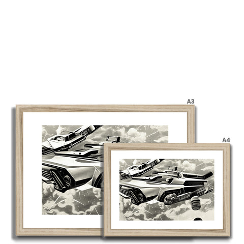 four picture frames with a wooden frame containing two pictures of a car and three plates on