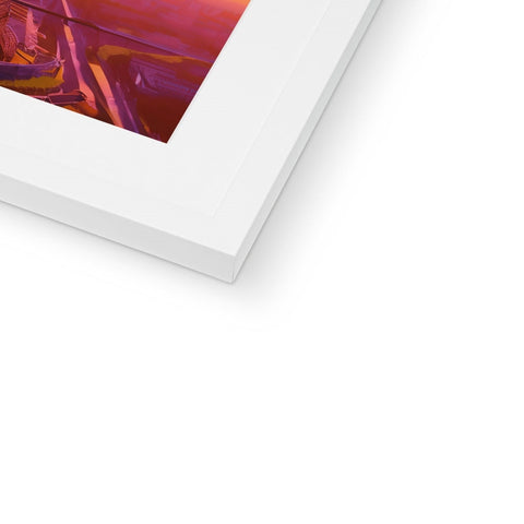 Bold red and white picture on top of a picture frame with a white glass picture
