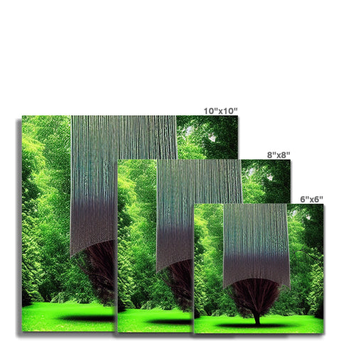 A wood frame picture with green trees standing next to a tall fence.