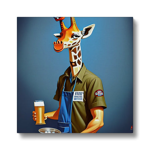 A man in a uniform is holding a giraffe to his side at a restaurant.