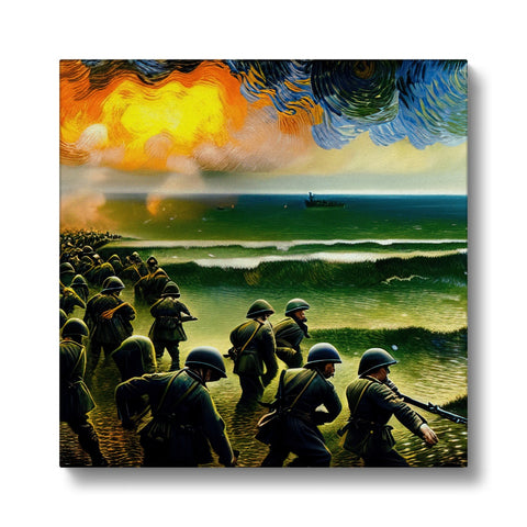 Multiple people riding a wave on a beach in a large world war scene.