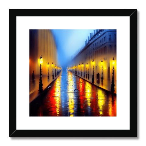 An art print of a city with two street lights and a city square.
