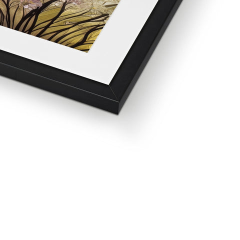 An art print sitting on a flat top of a tall black wooden frame.