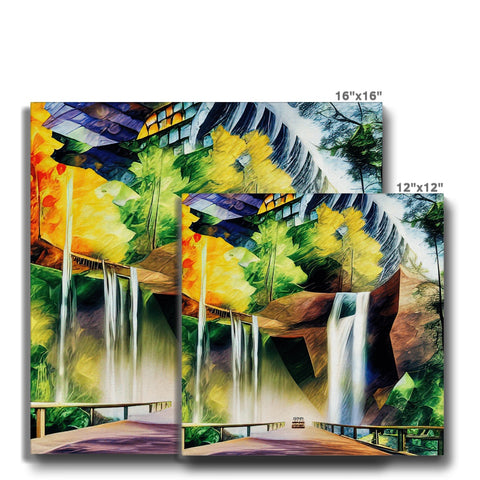 a group of images on wood panels depicting waterfalls and trees on a wall
