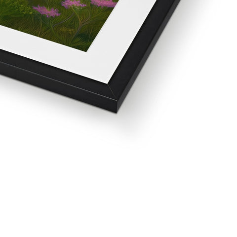 A white picture frame with a close up of an art print.