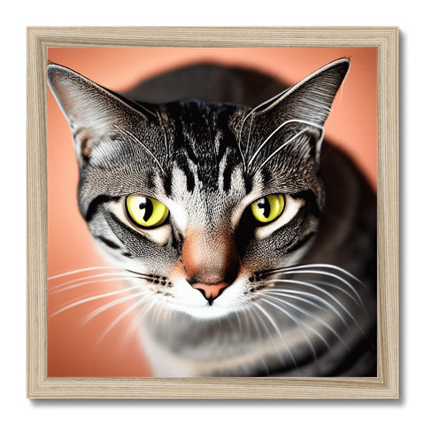 Art photo of a cat standing on a wooden tabletop framed photo.