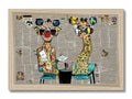 A placemats and art print of giraffe giraffe on a table with two