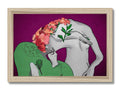 Two woman hugging and kissing on the palm of a wooden art print.