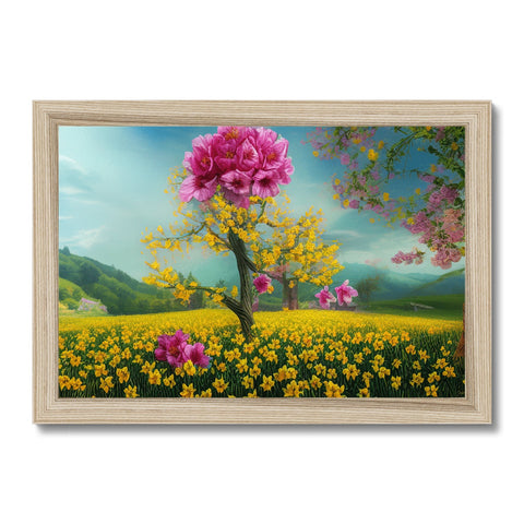 a wooden framed photo of a flowering tree with it's colorful flowers on it