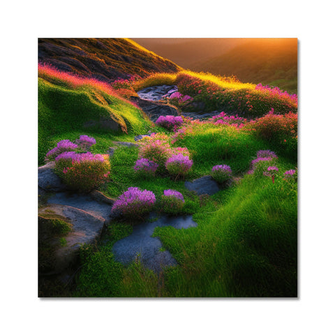 a patch of grass with colorful flowers sitting on top of a hill, all different sizes