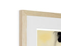 A white photo of an abstract photo in a wood frame and a hanging picture frame.
