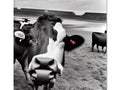 Black and white photos of cows standing in an open field next to trucks.