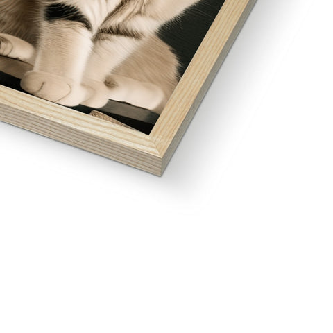 A photo of a person on a wooden frame with a cat in a picture frame.