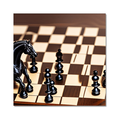 A black and white wooden game board with blue chess pieces