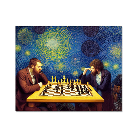 A couple of men playing chess around a board with a picture of a couple of people