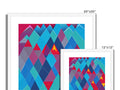 a stack of blue framed art prints on a wall with two geometric designs.