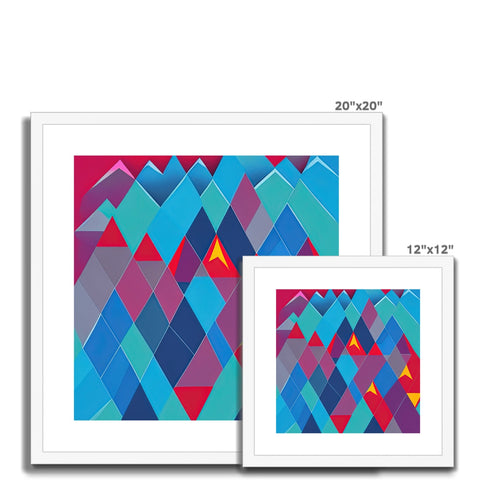 a stack of blue framed art prints on a wall with two geometric designs.