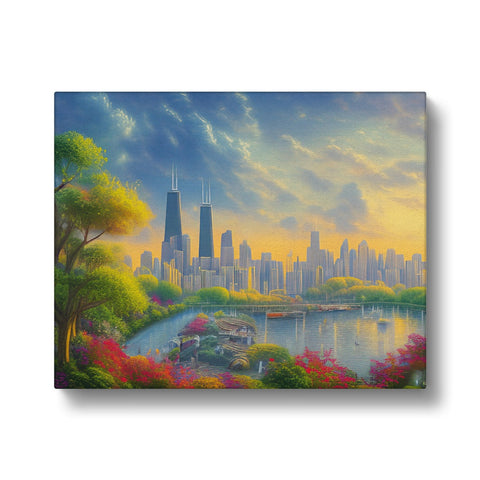 A city skyline with a sunrise and a sunset on a watercolor background.