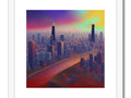 Art print is hanging next to a sunset on the side of a city skyline.