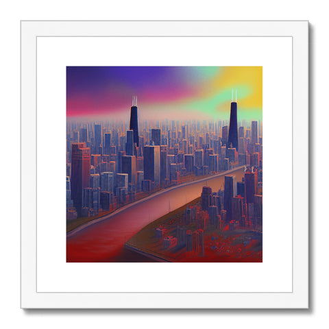 Art print is hanging next to a sunset on the side of a city skyline.